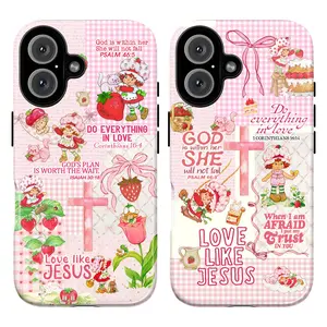 Cute Pink Christian Phone Case with Cartoon Strawberry Girl, Cross & Bible Verse (Psalm 46:5), Love Like Jesus Gingham Aesthetic, Coquette Kawaii Cottagecore Style, Strawberry Shortcake Phone Cover for iPhone 17 16 15 14 13 12 11 & Galaxy – Gift for Her