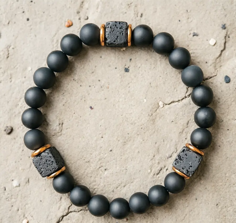 Men's Elegant Black Onyx & Lava Rock Beaded Sports Bracelet - Male Grounding Accessory, Protection Reminder, Enhances Meditation, Aids Practice, Energy Balance, Alignment, All-Season Sports Wristband
