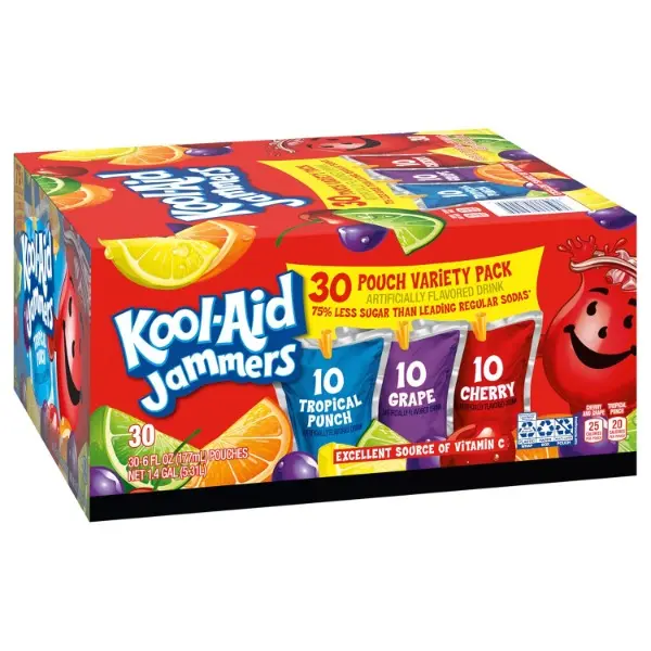 Low Sugar Fruit Flavored Jammers Beverage Variety Pack - Tropical Punch, Grape, Cherry Flavors, 0% Juice, 30-Ct 6 fl oz Bulk Pouches, Kids Snack Pack, Vitamin C, Convenient Mess-Free Quick Enjoyment for Children, Kids & Families, Road Trips