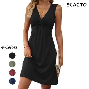 Scacto Vibrant Solid Color Twist Front Knit Dress - Elegant V-Neck Sleeveless Polyester Dress For Women - Customized Summer Fashion With Micro Elasticity And No Printing