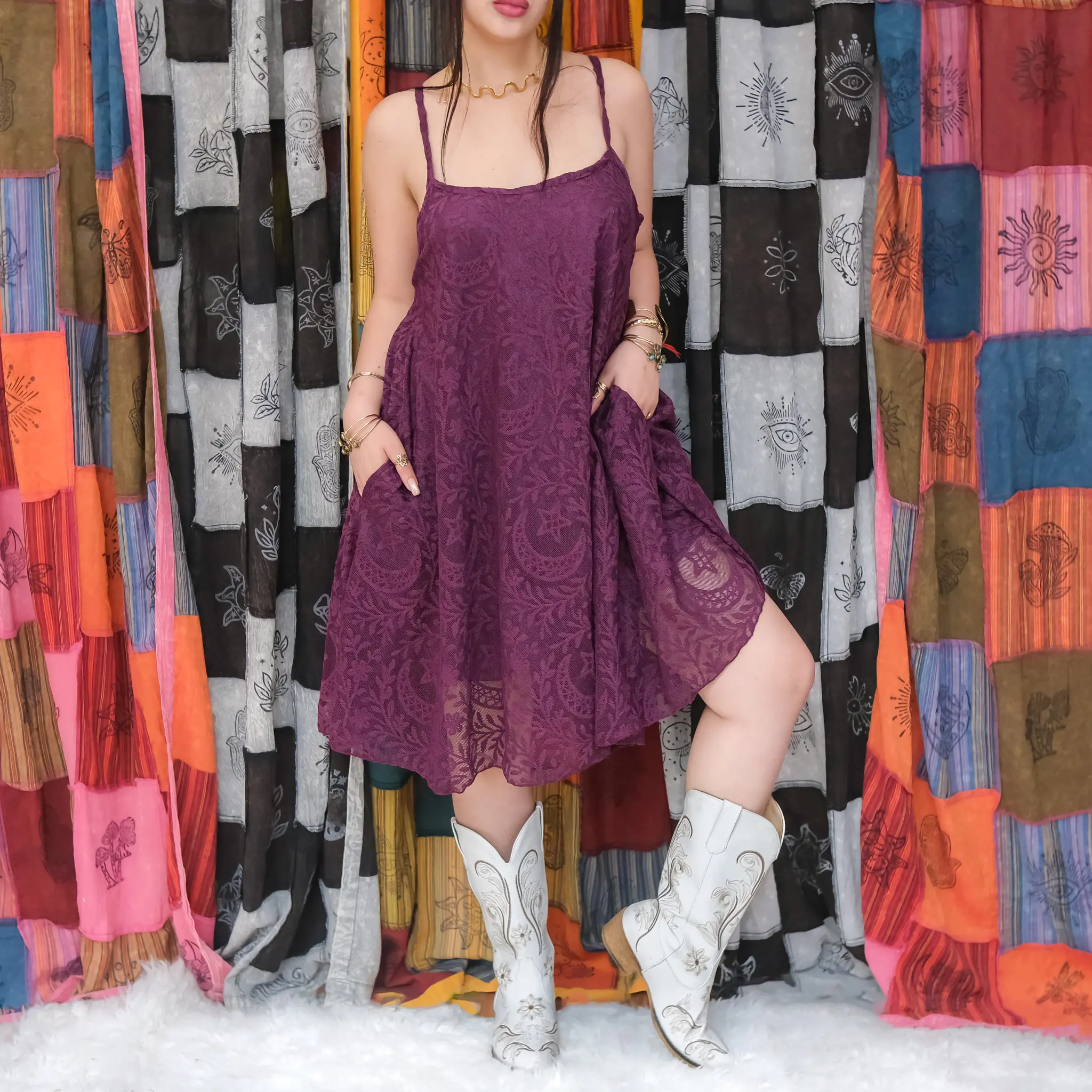 Celestial Semi Sheer Lace Dress, Witchy Moon Star Flowy Dress with Pockets, Bohemian Long Dress, Whimsigoth Festival Cami Dress, Boho Sleeveless Lace Dress