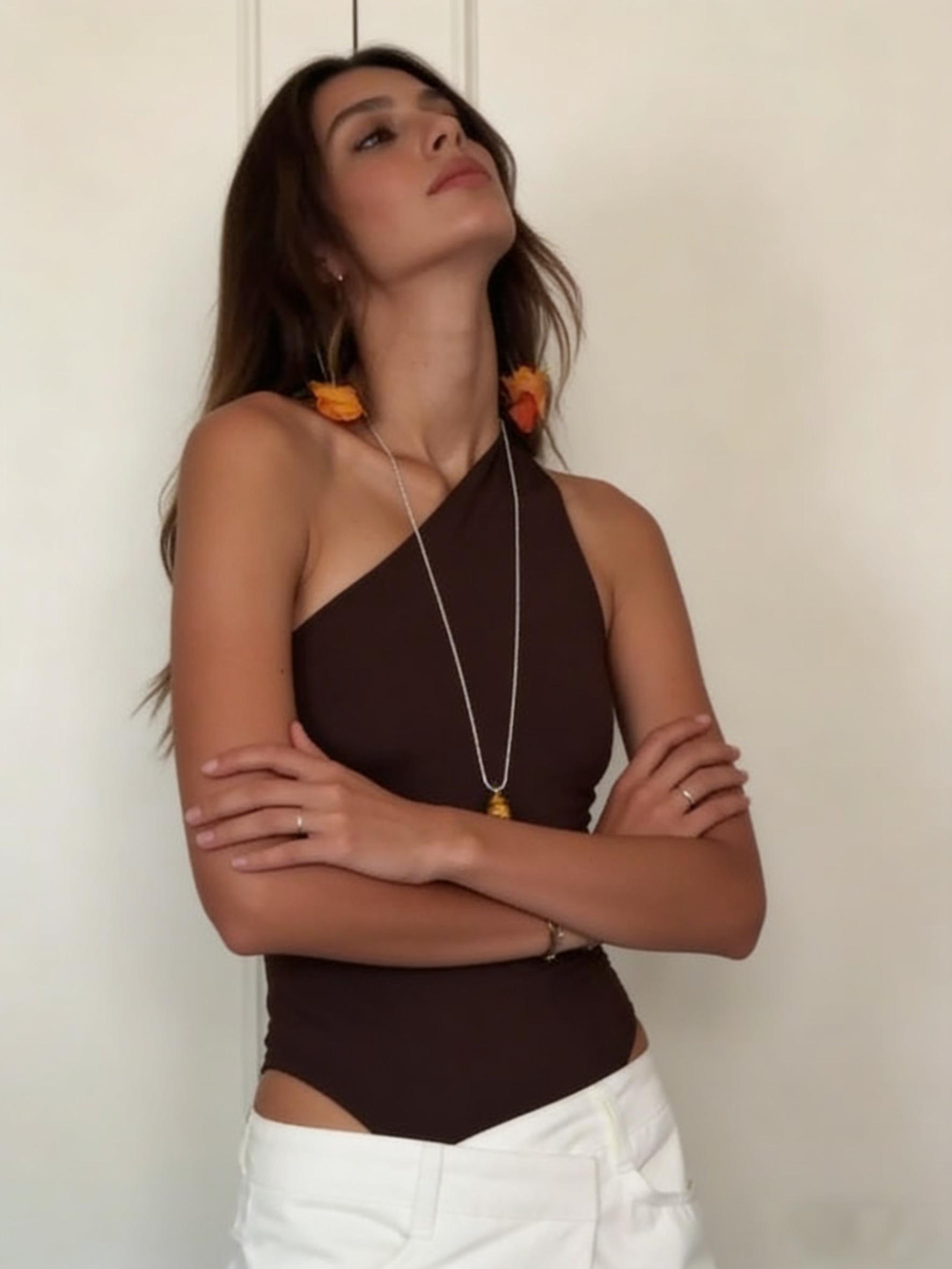 LikeMyChoice  Minimalist One-Shoulder Bodysuit with U-Shaped Open Back & Stretch Fabric for Office & Casual Outfits Women's Sleeveless Basic Strap Top slim-fit summer Brown Womenswear Bottom