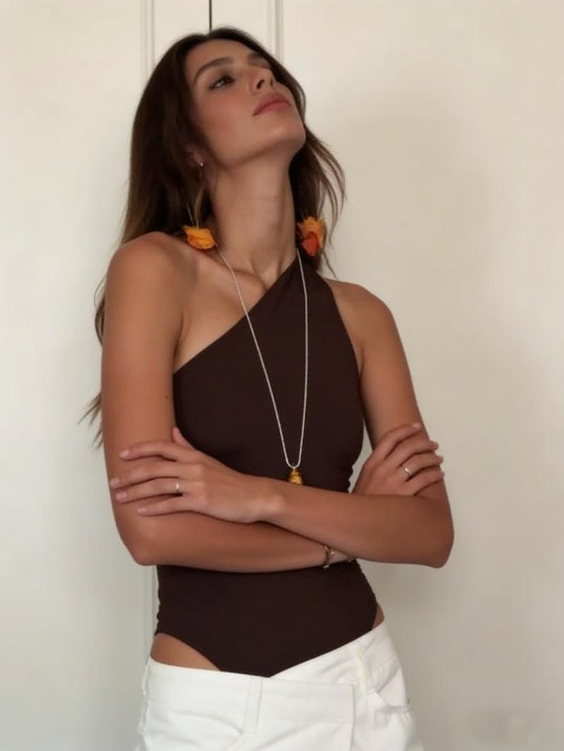 LikeMyChoice  Minimalist One-Shoulder Bodysuit with U-Shaped Open Back & Stretch Fabric for Office & Casual Outfits Women's Sleeveless Basic Strap Top