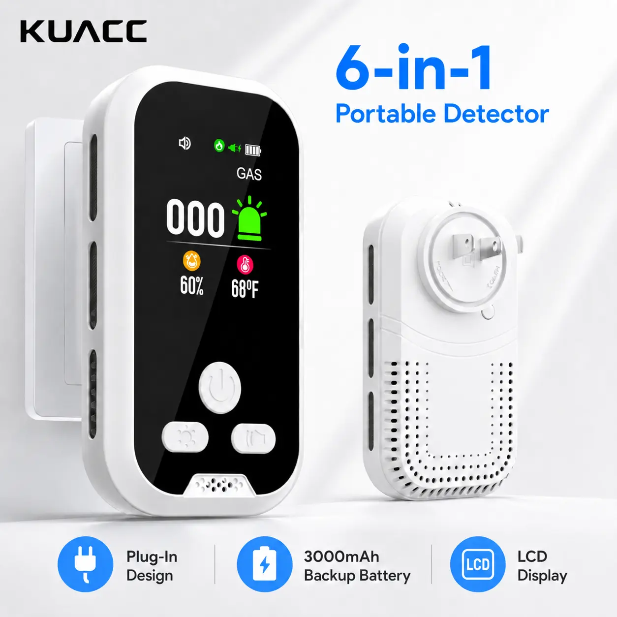 KUACC 6-in-1 Portable Detector, Home Items with Natural Gas, Temperature & Humidity Sensors, Plug-and-Play Design, High-Definition Display, Accurate Alerts, Ideal for Kitchen, Household Use