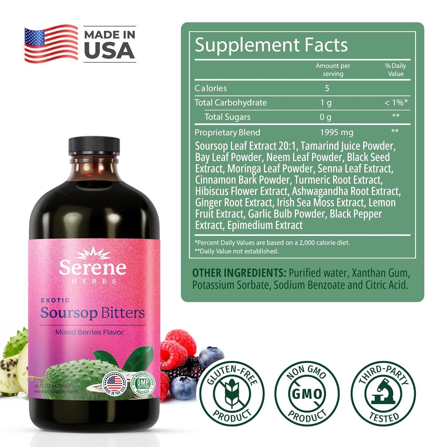 Serene Herbs: Soursop Bitters, Mixed Berries Flavor Healthcare Dietary vitamins women Supplement Fitness Natural