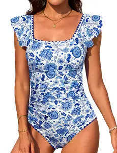 Women One Piece Swimsuit Ruffled Lace Up Beach Swimwear Tummy Control Swimming Costume Bathing Suit