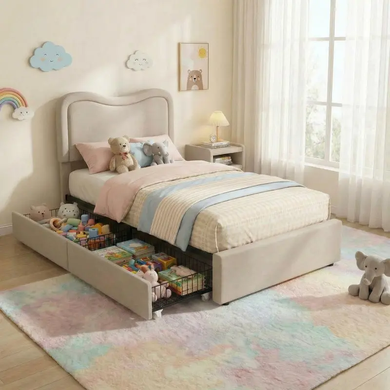 Boucle Full Bed Frame with 2 Storage Drawers, Upholstered Platform Bed with LED Headboard, Solid Wood Slats Support, for Kids, Teens, Grey