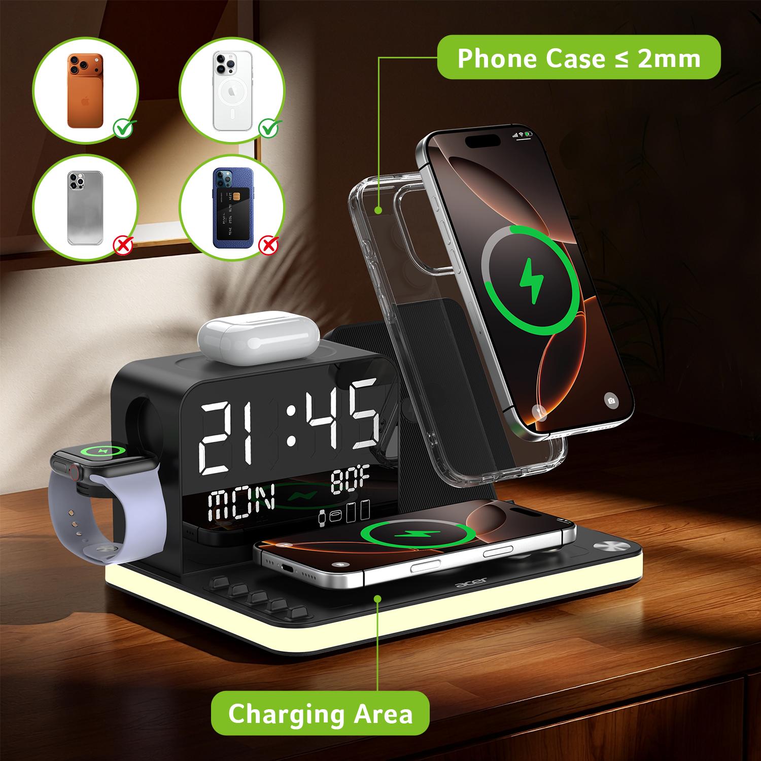 Acer 7 in 1 Wireless Charging Station Charger with Clock, LED Night Light & Temperature Display, USB-A & USB-C, Magnetic MagSafe – for iPhone, Android Phone, Apple Watch & AirPods, Gift