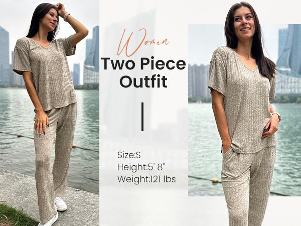 EKOUAER women's two-piece short sleeved top and cropped pants casual wear and S-XXL comfortable and soft casual wear light spring and summer set