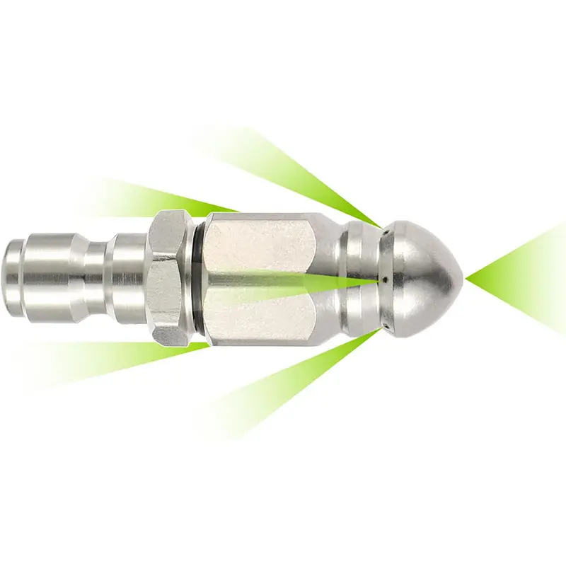 "1 Front 6 Rear Water Jetting Nozzle Set – Stainless Steel 1/4'' Quick Connect Sewer Pipe Cleaning Rotating Spray Nozzle"