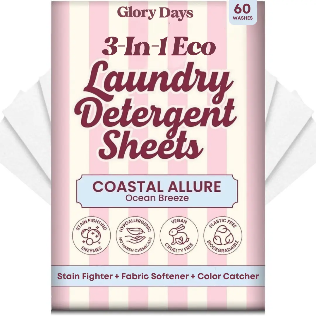 Glory Days 3-in-1 Eco Laundry Detergent Sheets Cleans Softens Brightens Protects Colors Hypoallergenic Plastic-Free 60 Sheets Violet Hour & Ocean Breeze Scents - Washdetergent