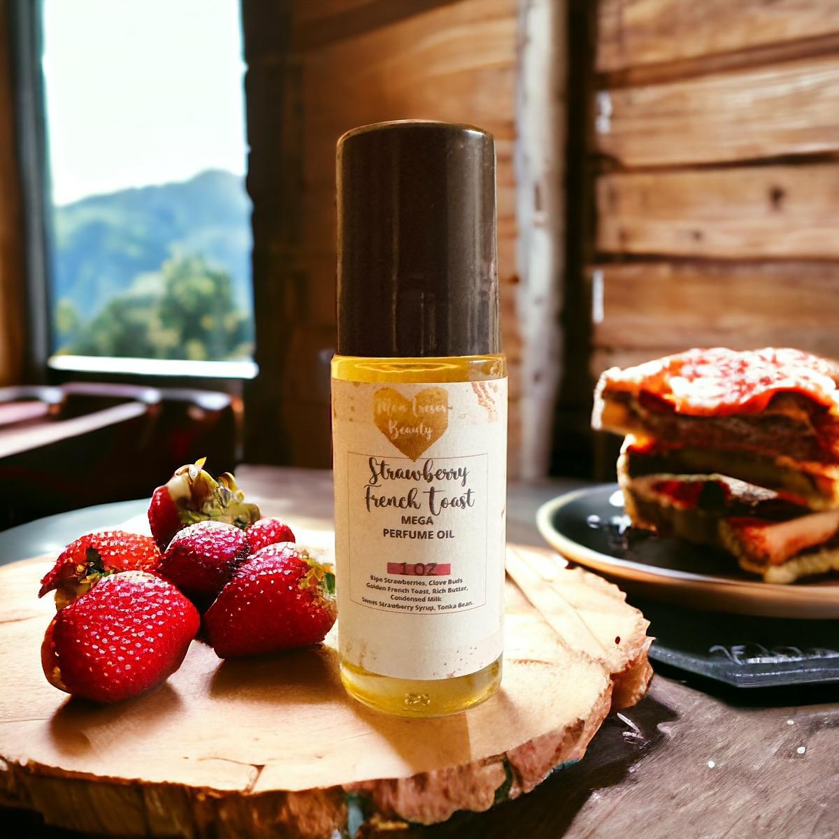 Strawberry Pound Cake type Mega 1 oz Body Oil Roll-On with Sugared Vanilla Waffle Cone & Strawberry French Toast - Aroma Fragrance Scent Blend