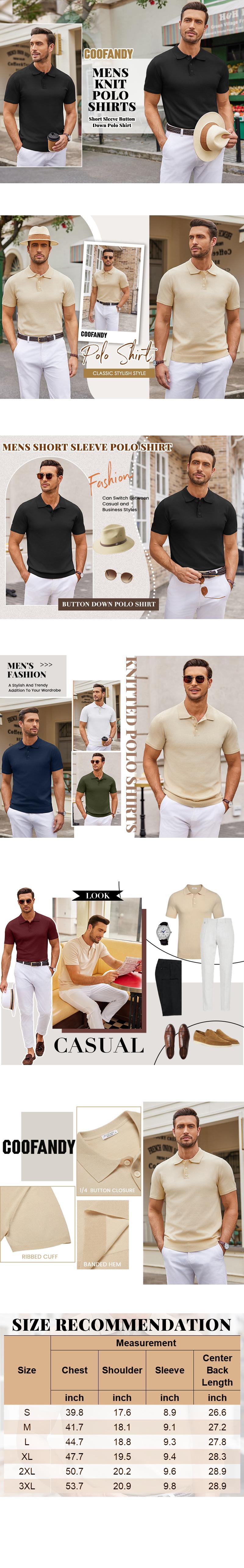 COOFANDY Thin Mens Knit Polo Shirts Casual Short Sleeve Button Down Polo Shirt Classic Golf Shirts Menswear Top Clothing Fit Comfortable Knitted Formal（Run Small)