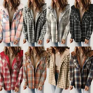Women's plaid fashionable wool jacket, winter warm hooded wool jacket, full set of casual jacket, large loose and comfortable jacket