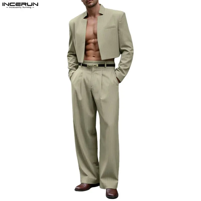 INCERUN Men's 2-Piece Fashion Blazer Set - Super Cropped Jacket & High-Waist Pleated Trouser, Spring Summer Runway-Style Sexy Menswear Outfit