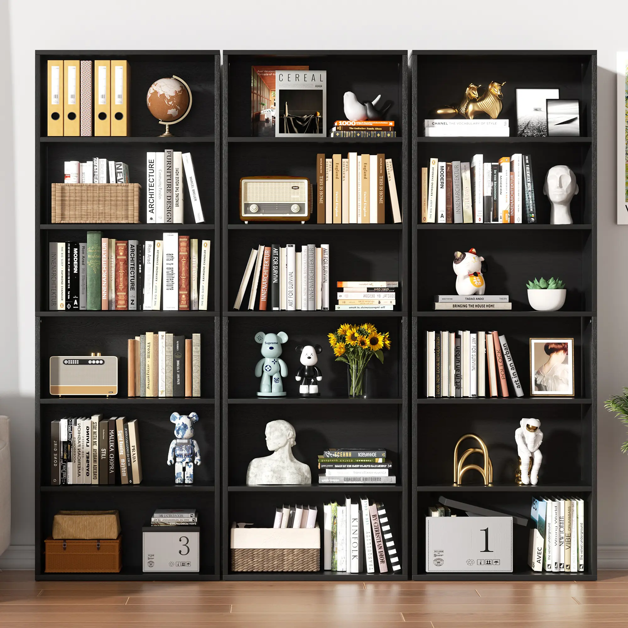 Walsunny 70'' Black Bookcases Floor Standing 6-Tiers Display Storage Shelves Tall Bookcase for Office Freestanding Industrial Ladder Organize Modern Design Minimal Stylish 65.8 lbs Load Capacity Easy Install