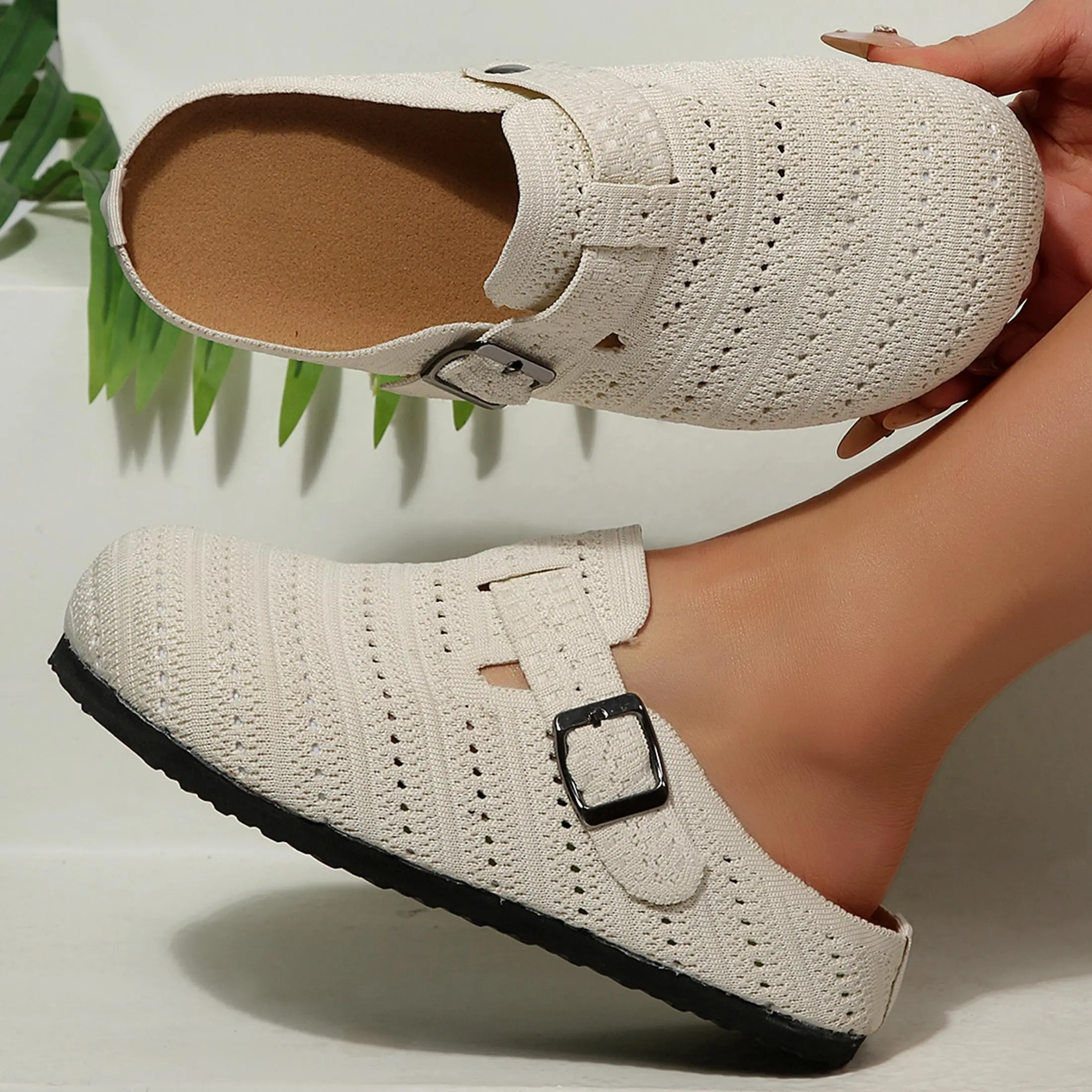 Soft Knit Backless Mules Sandals for Women Breathable Clogs With Adjustable Buckle Indoor Outdoor Shoes for Everyday Wear Springfresh