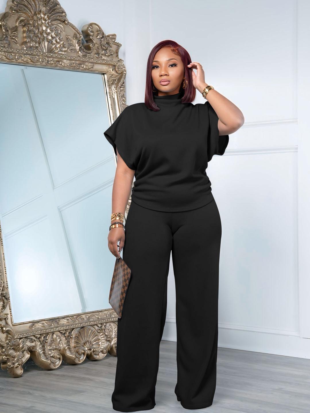 USBoutique Chic Women Summer Lightweight And Silky Soft Set Two Piece Casual Set Short Sleeved Semi High Neck Loose Top Wide Leg Pants Set