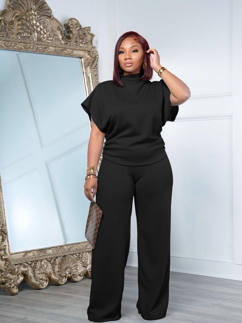 USBoutique Chic Women Summer Lightweight And Silky Soft Set Two Piece Casual Set Short Sleeved Semi High Neck Loose Top Wide Leg Pants Set