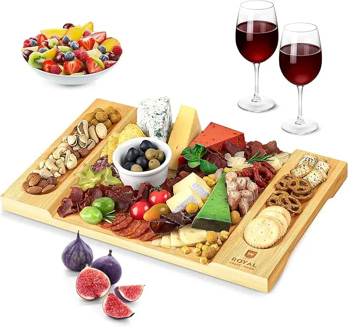 Royal Craft Wood Charcuterie and Cheese Board - Bamboo Cheese Board & Wooden Serving Tray Platter With Side Handles & Deep Compartments - Charcuterie Ideas & Perfect Gift- 15.5"x10" - Party Board & Cheese Platter