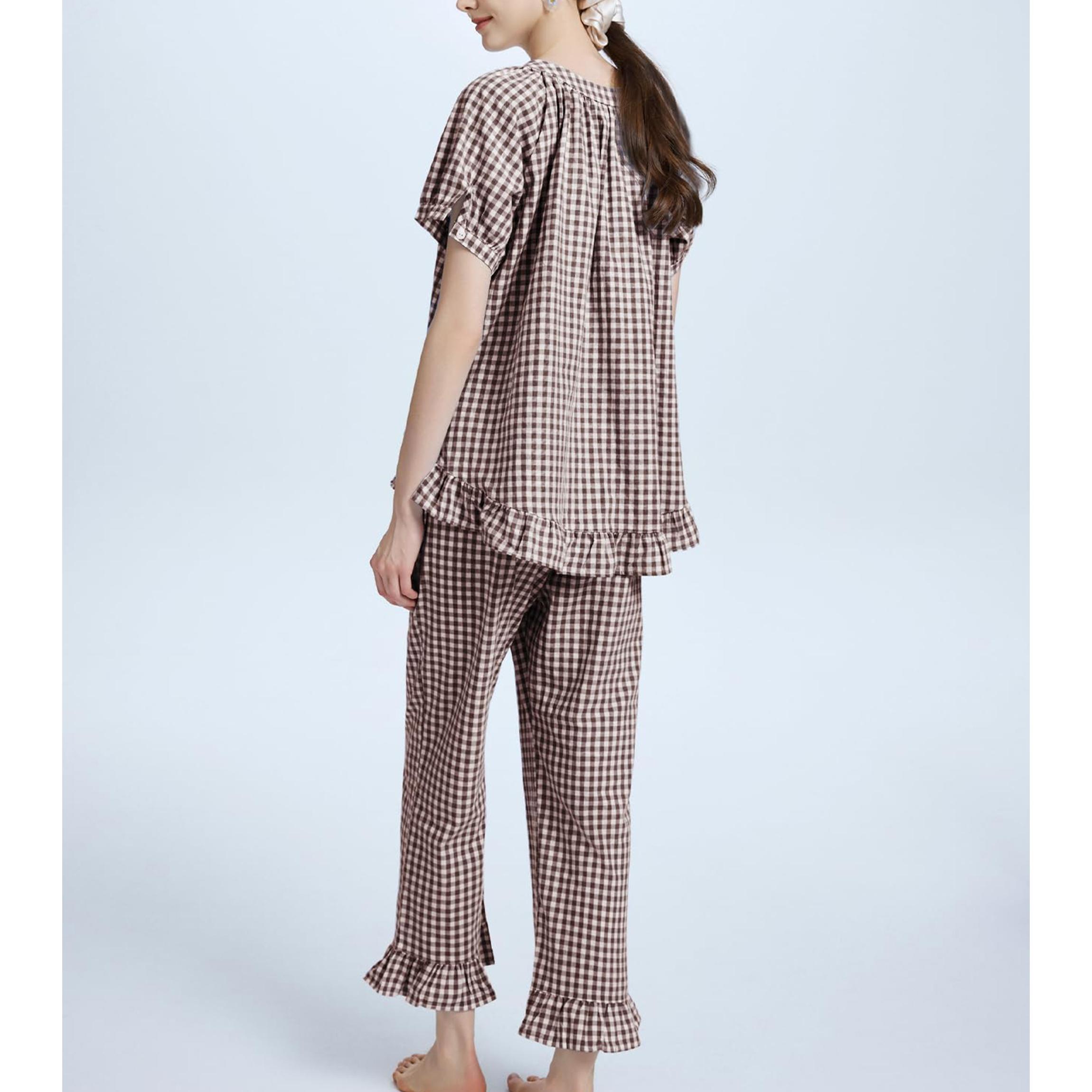 Buenoble Womens Plaid 2 Piece Pajamas Sets Gingham Button Down Puff Sleeve Babydoll Shirt Ruffle Pants Y2K Pjs Lounge Set SpringStatements