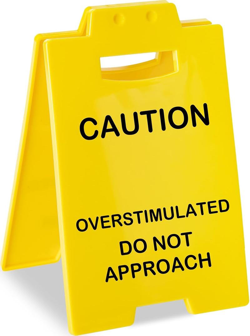Desk Sign for Workday Humor - 6.3 x 3.9 in - Caution Overstimulated, Answer Desk Rate, Team Nuts - Yellow Sign with Black Text, for Office, Classroom, Home - Gift for Colleague, Boss & Employees