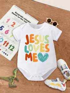 Tomattis Baby Little Jesus Loves Me Slogan Short Sleeve Baby Onesie, Funny Newborn Baby Bodysuit Clothes