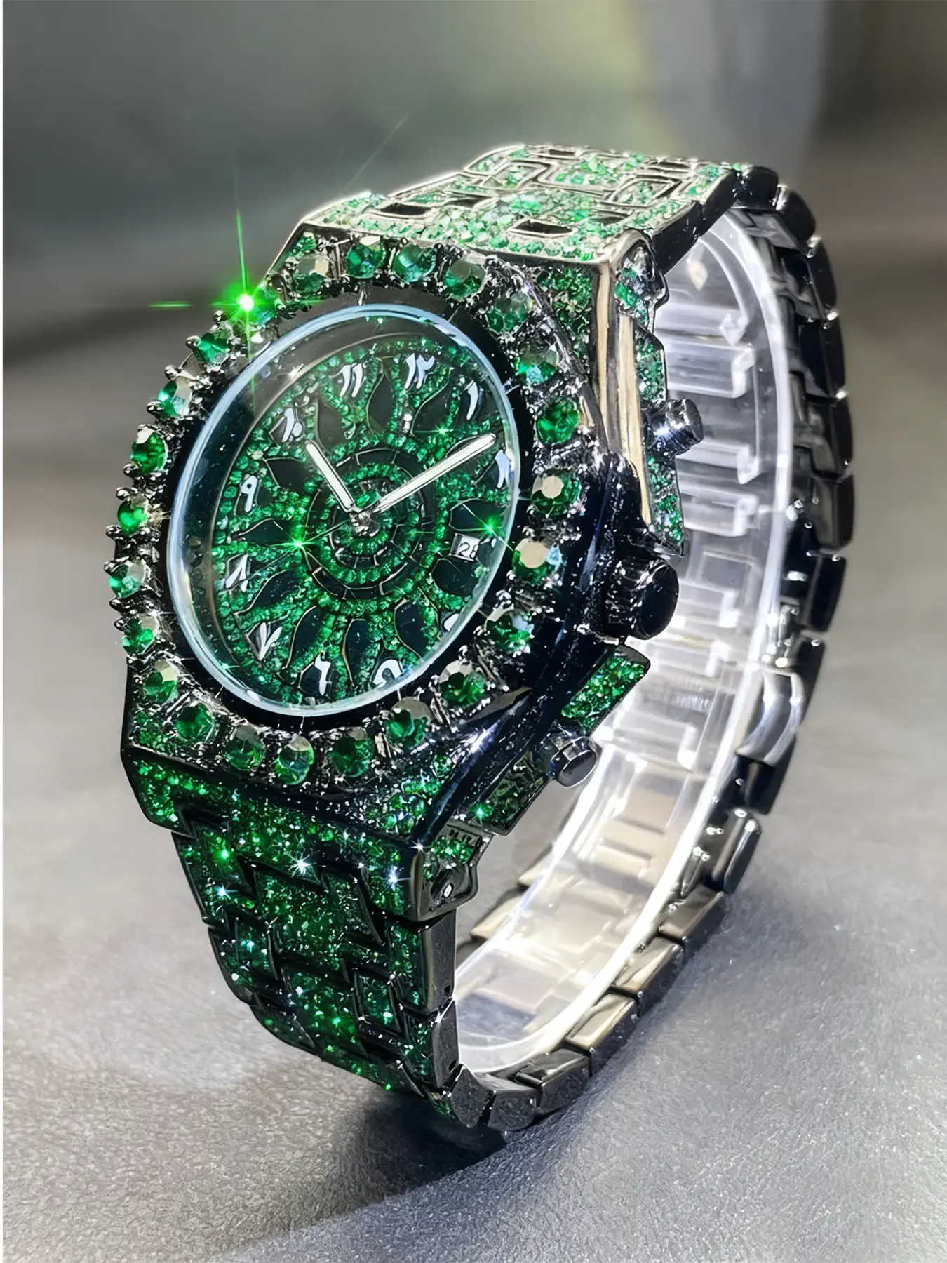 Men's Quartz Watch with Rhinestones, Luxury Ice-Dial Hip-Hop Watch with Full Artificial Water Diamonds, Rhinestone Decorated Watch, Fashionable Stylish Watch