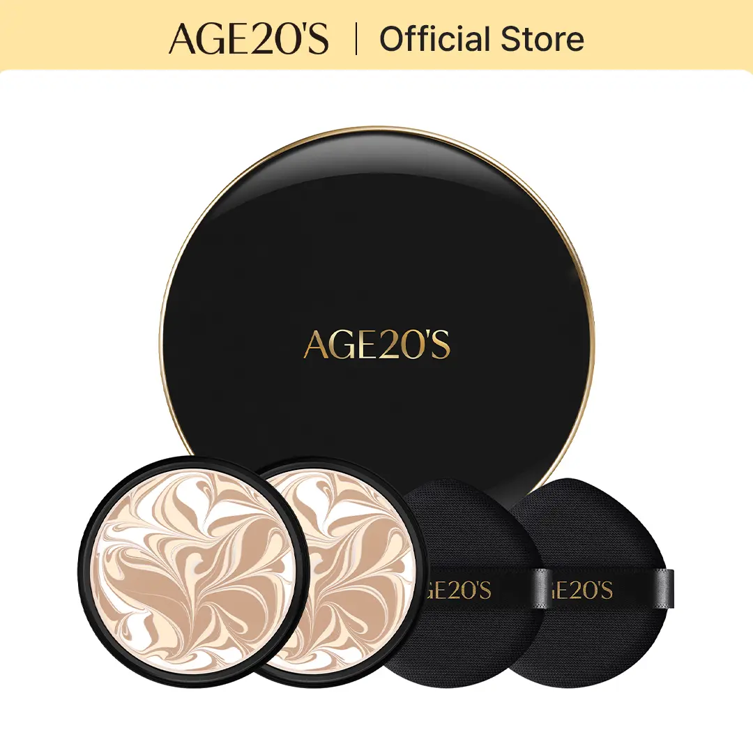 [AGE20'S] Signature Essence Pact 2-Pack Cream Foundation Compact - Intense Cover, Hydrating, Lightweight, Radiant, Broad Sun Protection, Smoothing, Even Skin Tone, Color Correction, Beauty Products for Daily Dewy Glowing Natural Look, Foundation Routine,