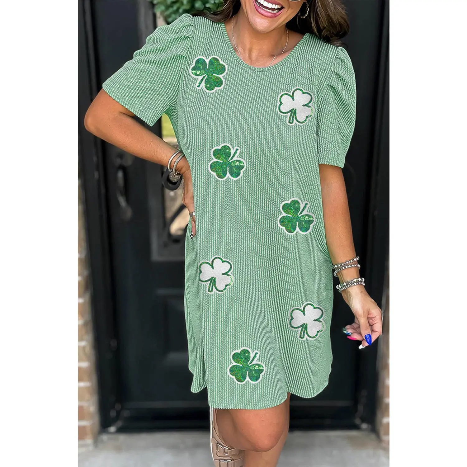 green emerald velvet dress Textured Cap Sleeve T Shirt Dress