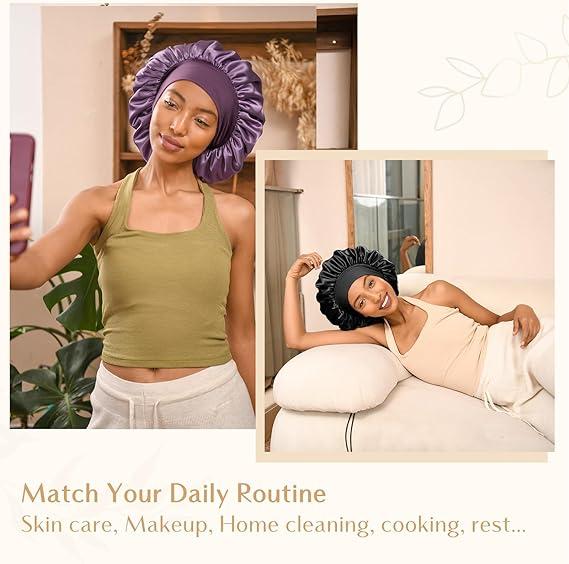 Luxury Satin Shower Cap Waterproof Double Layer Bonnet with Adjustable Elastic for Frizz Control Night Sleep & Hair Protection in Red Pink Black & Navy