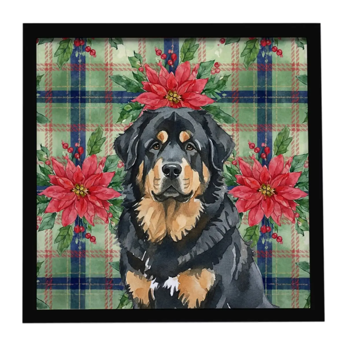 Carolines Treasures WDK8834MFP88 8x8 in. Artistic Black & Tan Tibetan Mastiff Christmas Poinsettias Framed Metal Print, Home Wall Decor Artwork, Holiday Gift
