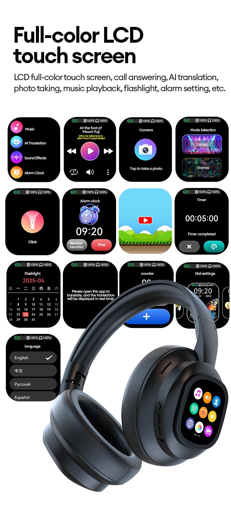 HYUNDAI X1 Pro Wireless Headphones with Detachable Full Color LCD Touch Screen Support 169 Languages Bluetooth Translation Function AI Assistant & Smart Chat