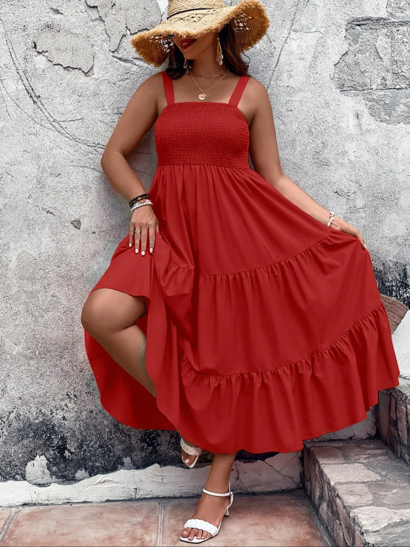 Women's Plus Size Solid Shirred Tiered Layer Cami Sleeveless Dress, Elegant Ruffle Hem High Waist A-line Dress for Beach Holiday, Women's Clothes for All Seasons, Womenswear