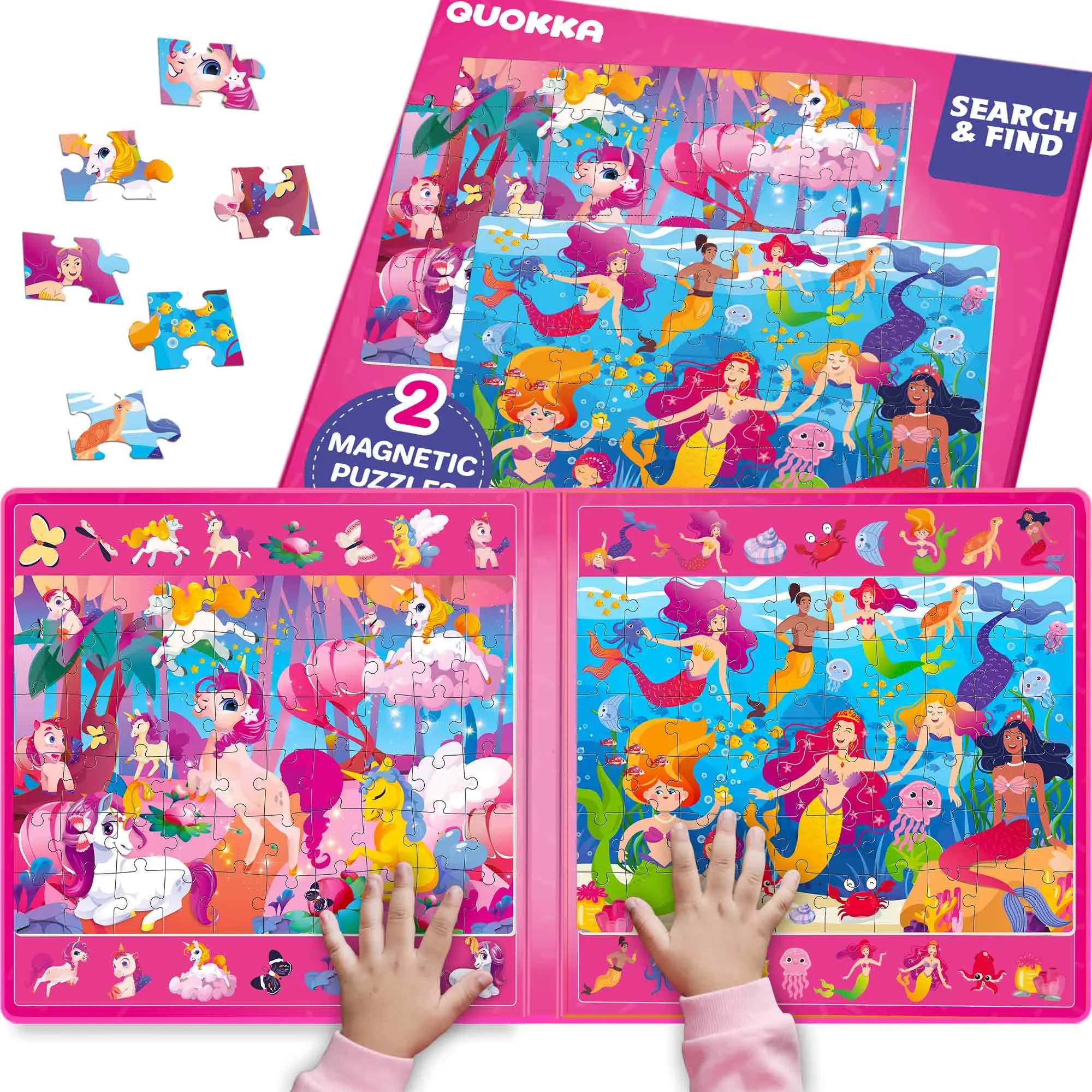 QUOKKA Creative Magnetic Puzzle Set 2-Pack - 60 Pieces Each Magnetic Puzzle Blocks, Built-In Search Prompts, Travel-Friendly Board, Hidden Objects, Mermaid & Unicorn Scenes, Screen Time Alternative for Toddlers 4-6 Years, Children's Development Toy