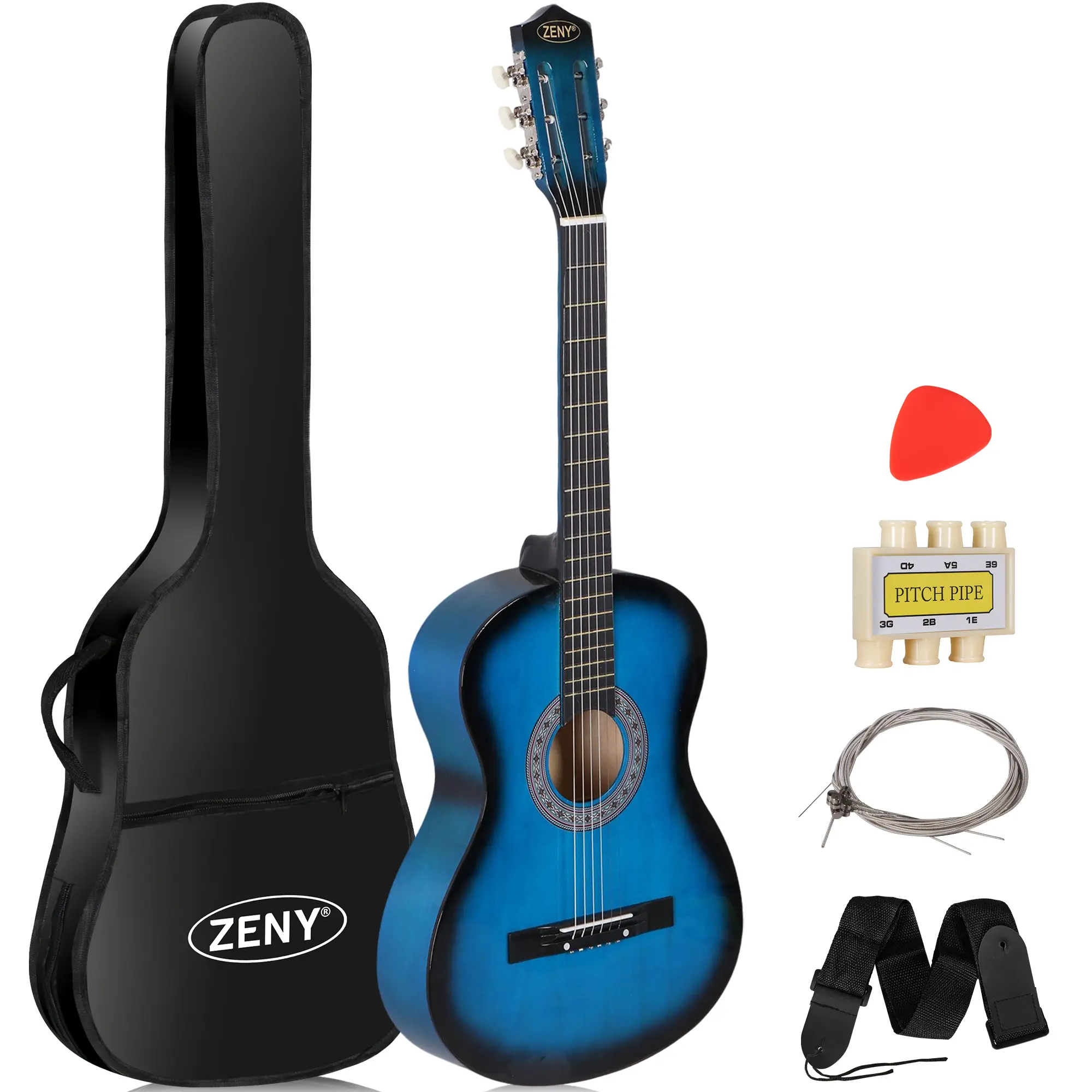 Zeny 38-in Classic Lightweight Steel Acoustic Guitar Kit - Right-Handed All-Wood for Kid Beginners, W/Case, Strap, Pitch Pipe, Guitar Picks, String Set, Ideal for Acoustic Play