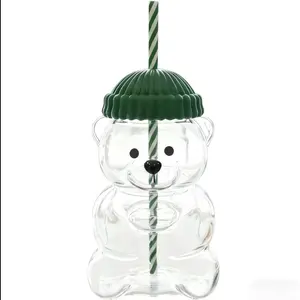 Holiday Bear Glass Cup with Straw, Cute Bear Cold Drink Cup, Festive Coffee & Beverage Glass, Adorable Bear Cup with Green Hat Lid, 2025 Seasonal Drinkware