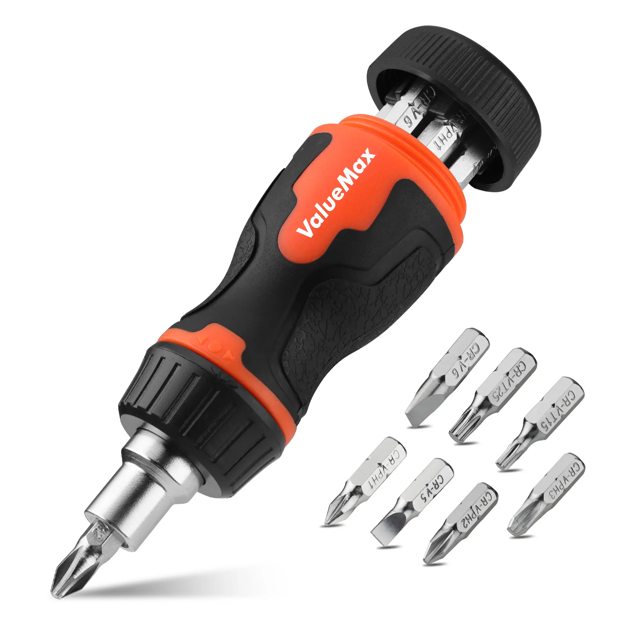 #backtoschool ValueMax 8-in-1 Stubby Ratcheting Screwdriver, Multi-bit Screwdriver, Quick-load Mechanism, Adjustable Magnetic Tool with Phillips, Slotted, Torx Screw Driver Bits and 1/4" Nut Driver