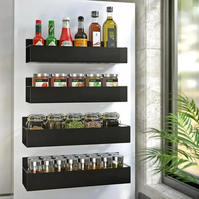 Set of 4 Magnetic Spice Racks with Hooks – Rustproof Metal Shelf Organizer, Compact Space Saving Design for Kitchen, Pantry | Food & Beverage, Herbs, Spices Storage | Fridge-Compatible Home Supplies, Organizer Storage