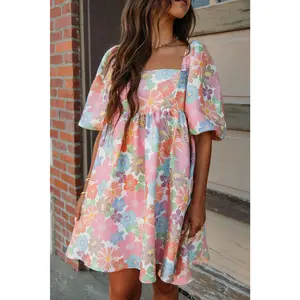 Pink Summer Floral Square Neck Puff Sleeve Babydoll Dress