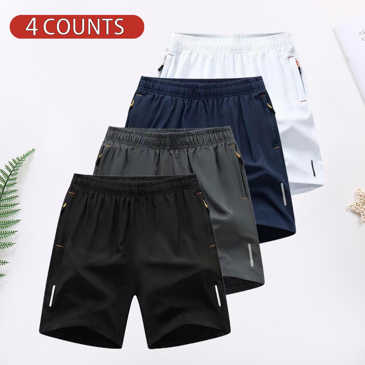 4 Counts Men's Solid Color Zipper Pocket Shorts, 4 Pack Casual Comfortable Breathable Shorts for Summer, Men's Bottoms for Everyday Wear