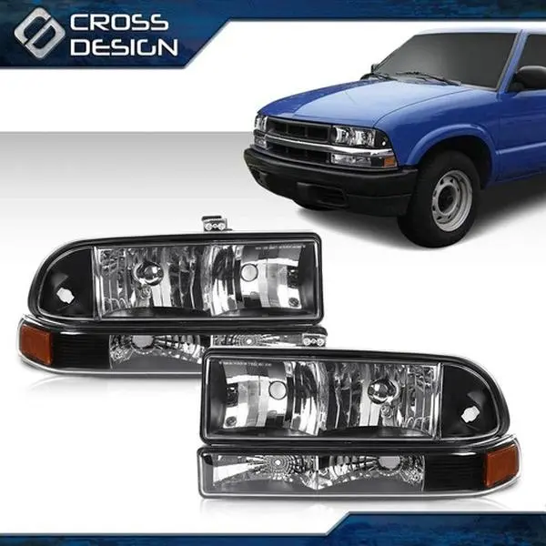 CROSSDESIGN Headlights & Bumper Lamps, Car Lighting Upgrade, Black Housing, Compatible with 1998-2004 Chevy S10/Blazer