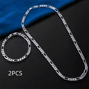 trendy 925 Silver-plated 5MM Chain Bracelet 19.68-23.62 Inches Man Figaro Necklace for Woman Fashion Couple Valentine's Gift Jewelry Set 2Pcs