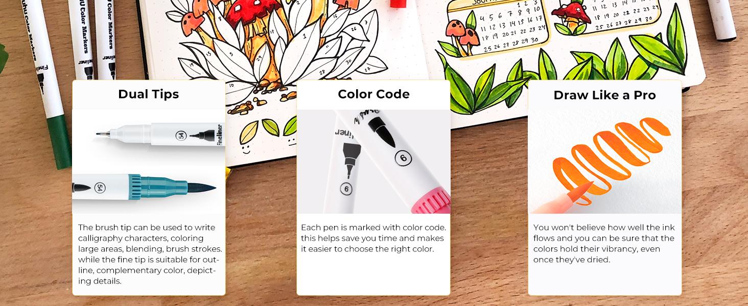 Ohuhu Maui 160-color Brush Pens Dual Brush Fine Tip Drawing Pens Water-Based Coloring Markers for Calligraphy Bullet Journal with Carrying Case -Maui