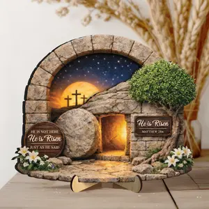 He Is Risen Empty Tomb Easter Wooden Sign, Christian Resurrection Tabletop Decor, Religious Easter Shelf Display, Faith Home Decoration, Gift for Christian, Faith (2D Design)
