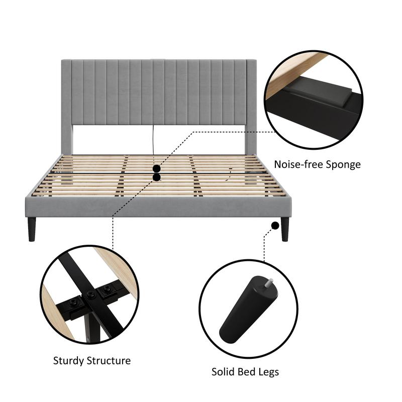AMERLIFE Bed Frame Velvet Upholstered Tufted Headboard with Charging Station, Mattress Foundation, Box Spring Optional