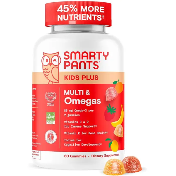 SmartyPants Kids Multivitamin Gummies - Improved Formula: Omega 3 (DHA/EPA), Vitamin D3, C, B12, B6, Vitamin A, K & Zinc, Gluten Free, Three Fruit Flavors, 60 Gummies (30 Day Supply)