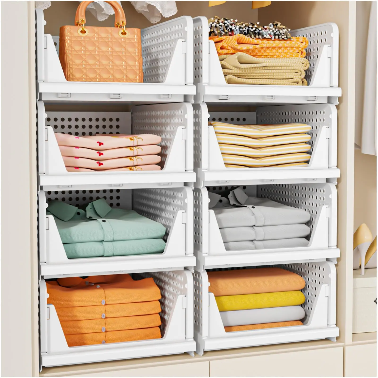 5 Pack Stackable Closet Storage Basket, Multifunctional & Foldable Closet Organizer for Bathroom Kitchen Laundry Room Wardrobe Storage, Space-Saving Clothes Storage Drawer Organizer