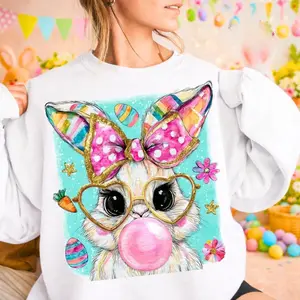 Easter Bunny Blowing Bubblegum Sweatshirt T-Shirt, Brushstroke Easter Bunny Shirt, Spring Holiday Apparel, Cute Easter Day Gift