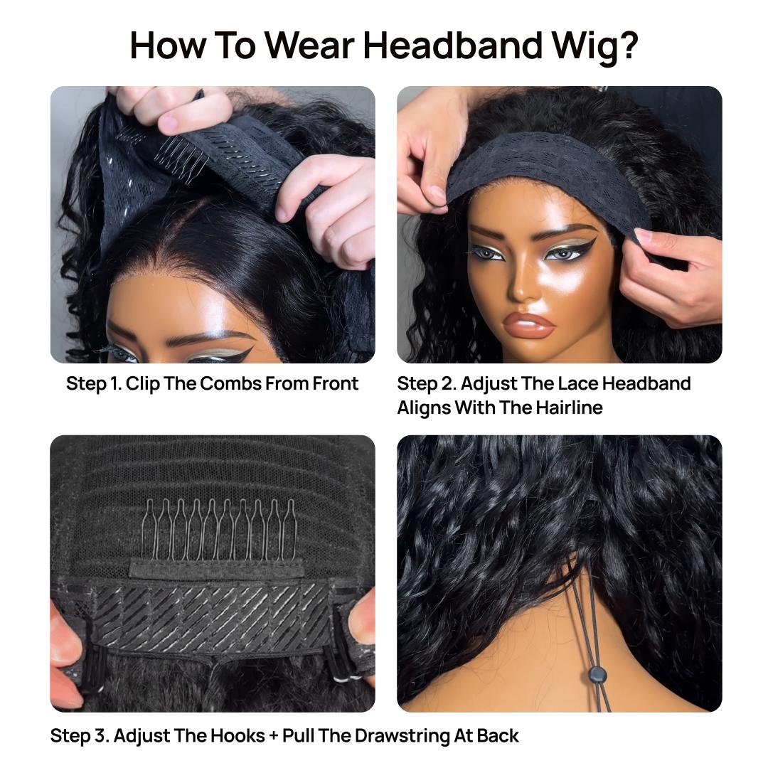 【All-Day Security】Water Wave Breathable Headband Wig With Drawstring Hook Fit Glueless Wear-And-Go Wig Natural Black Human Hair Lace Frontal TikTokShopStockUp